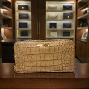 Miu Miu Beige Crocodile-Embossed Leather Zip-Around Wallet